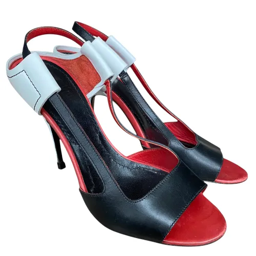 GIVENCHY Black, White, Red Colorblock Leather Open Toe Heeled Sandals, Size 36